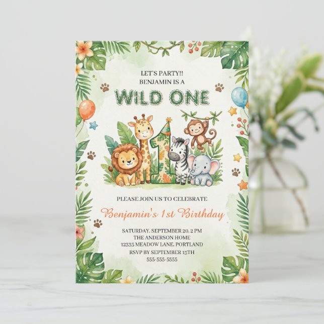 Wild One Cute Jungle Animals Kids 1st Birthday  Inbjudningar (Stående Fram)
