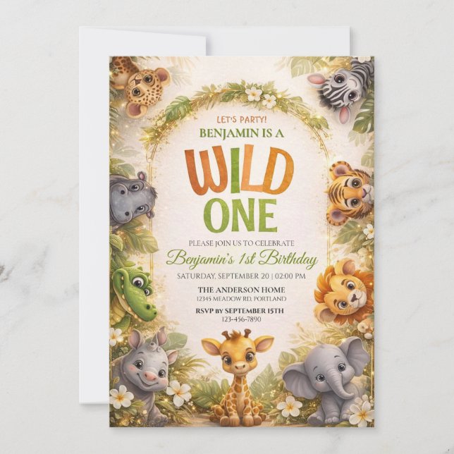 WILD ONE cute Jungle Safary Custom 1st Birthday Inbjudningar (Framsida)