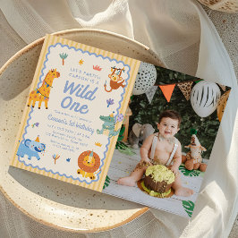 Wild One Cute Safari Animals 1st Birthday Photo Inbjudningar