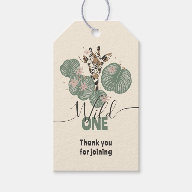Wild One Cute Safari Giraffe Animal Birthday Party Presentetikett (Framsidan)