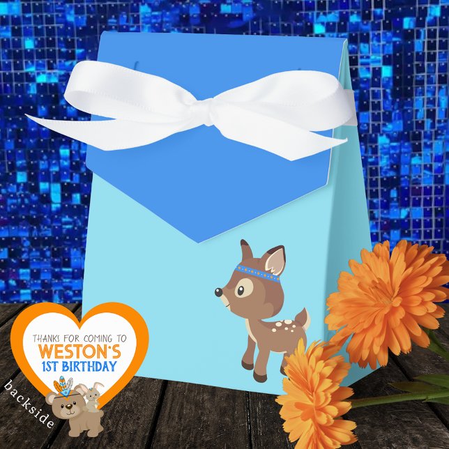 Wild One Deer Baby Blue & OrangeTreat Favor Boxes Presentaskar (Wild One Woodland Deer Favor Boxes in Baby Blue and Orange. Personalized Backside)