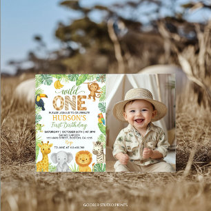Wild One Djur Safari 1-års Födelsedagsfoto Inbjudningar