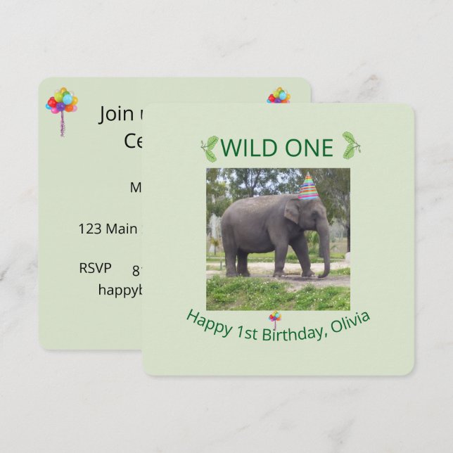 Wild One Elefant Födelsedagsfest Inbjudan Design (Fram/baksida)