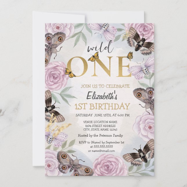 Wild One Fjärilar Blommor Födelsedag  Inbjudningar (Framsida)
