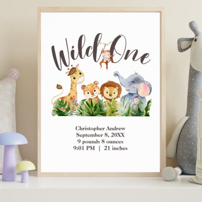 Wild One Födelse Statistik Djungel Safari Djur Aff Poster (Wild One Nursery Wall Art Birth Stats Baby Shower Gift)