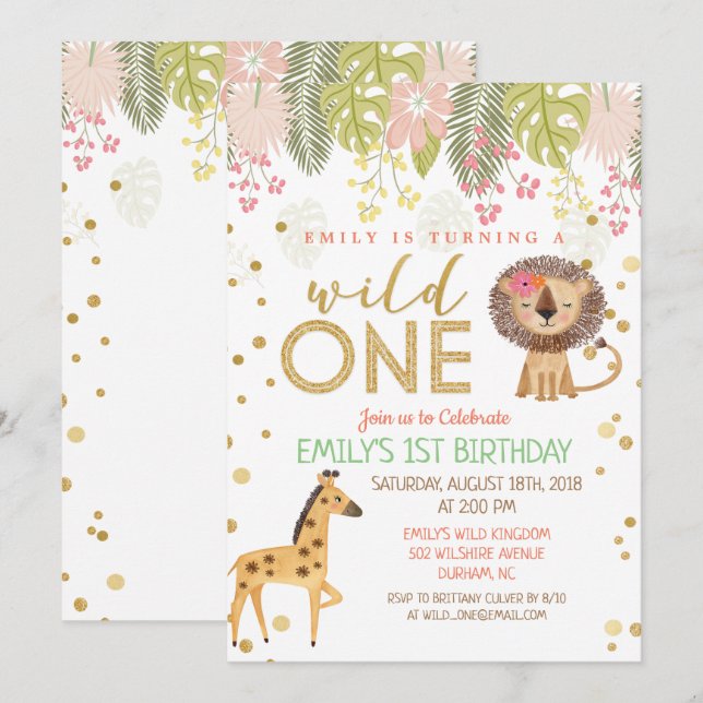 Wild ONE Första 1-års födelsedagsinbjudan Tjej Inbjudningar (Fram/baksida)