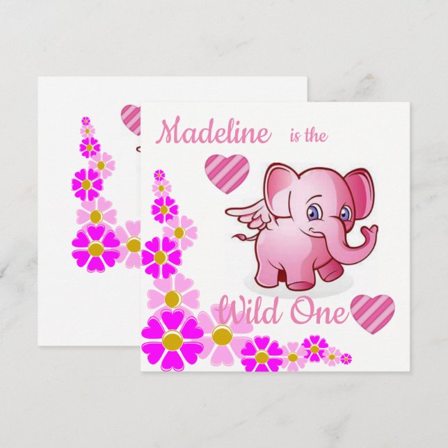 Wild One Första Födelsedagskort Inbjudan Elefant (Fram/baksida)