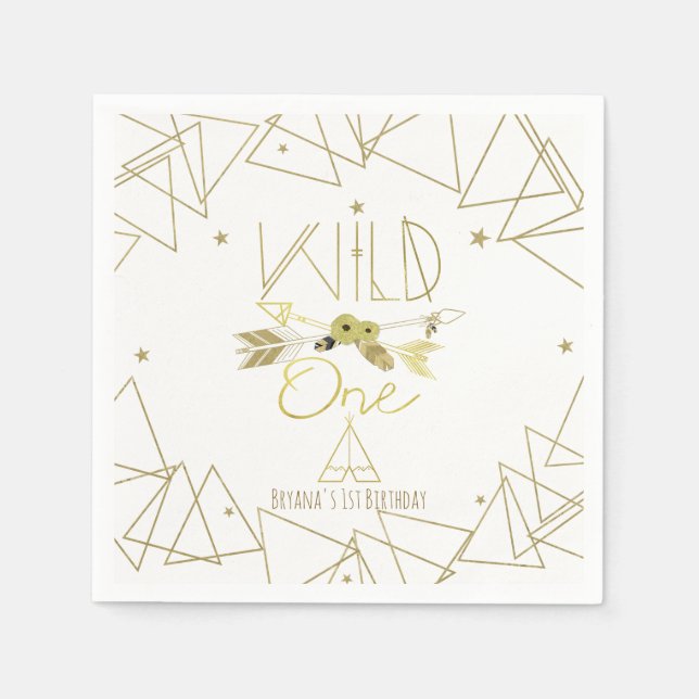 WILD ONE Guld & Vit Boho 1-årsdag VALFRI FÄRG Pappersservett (Framsidan)