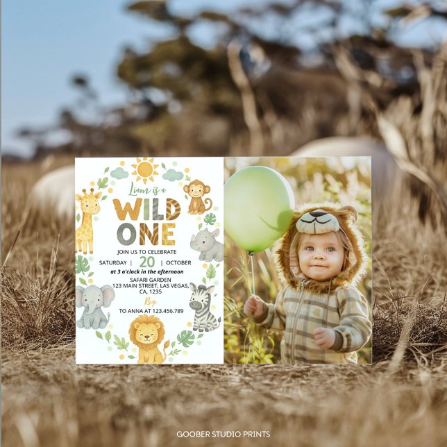 Wild One Jungle Animals Safari 1st Birthday Photo Inbjudningar (Skapare uppladdad)