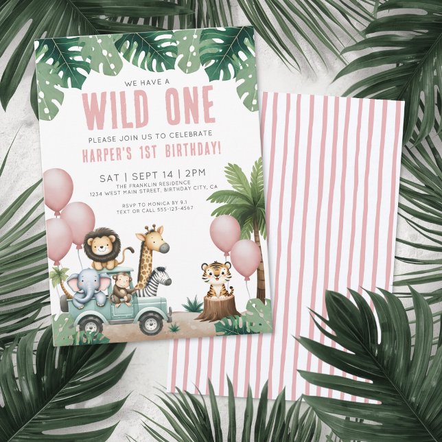 Wild One Jungle Safari 1-års födelsedagsfest Inbjudningar (Wild One Jungle Safari 1st Birthday Party Invitation)