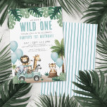 Wild One Jungle Safari 1-års födelsedagsfest Inbjudningar<br><div class="desc">Turkos ballong 1-års födelsedagsinbjudan. Ett sött och modernt sätt att fira ettårsdagen, perfekt för vilken liten en som helst speciella dag. Framsidan har mjuka turkosa ballonger som flyter över designen och skapar en lätt, glädjefull känsla som är lekfull och festlig utan att vara överväldigande. Texten är formgiven i en djärv,...</div>