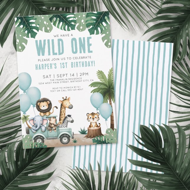 Wild One Jungle Safari 1-års födelsedagsfest Inbjudningar (Wild One Jungle Safari 1st Birthday Party Invitation)