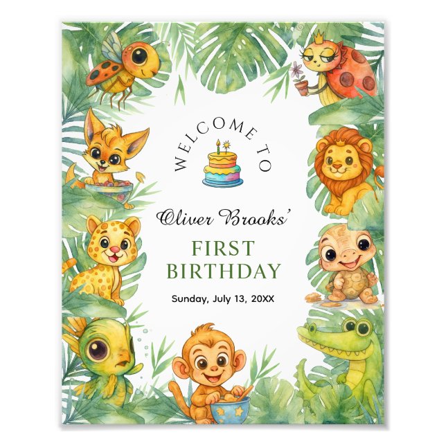 Wild One Jungle Safari 1st Birthday Party Sign Fototryck (Framsidan)