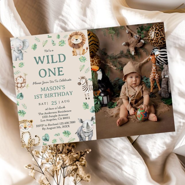 Wild One Jungle Safari Animals Birthday Photo Inbjudningar (Skapare uppladdad)