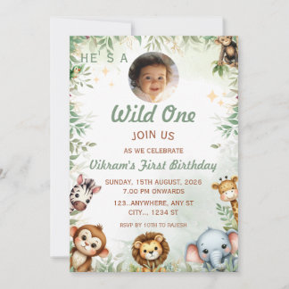 Wild One Jungle Theme 1-års födelsedagsfoto inbjud Inbjudningar
