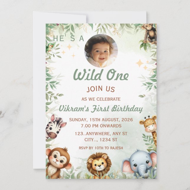 Wild One Jungle Theme 1-års födelsedagsfoto inbjud Inbjudningar (Framsida)