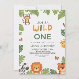 Wild One Jungle Theme 1-årsfest Inbjudan