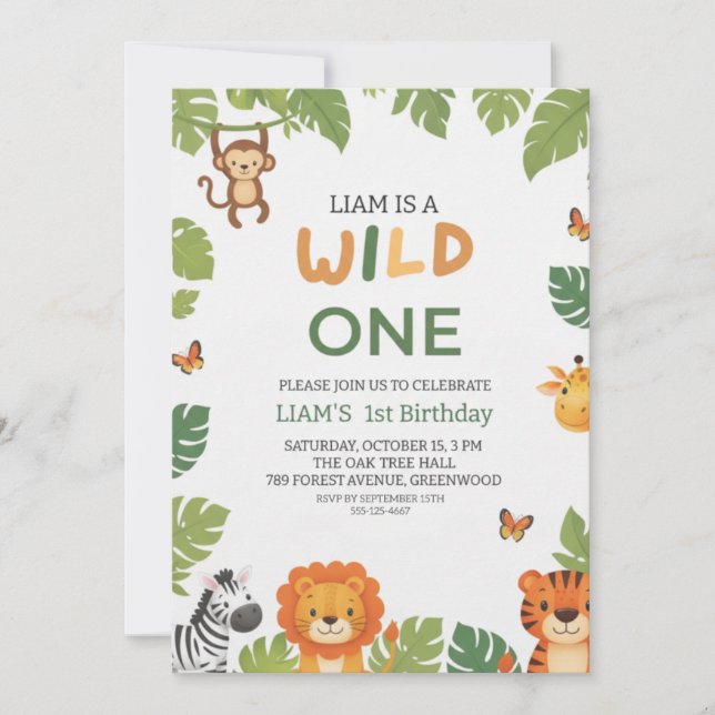 Wild One Jungle Theme 1st Birthday Party Invite Inbjudningar (Framsida)