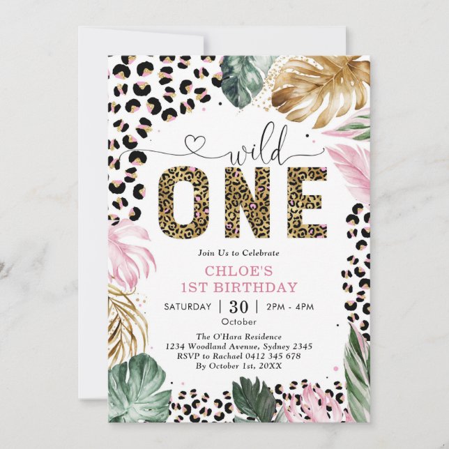 Wild One Leopard Pink Party Animals 1st Birthday Inbjudningar (Framsida)