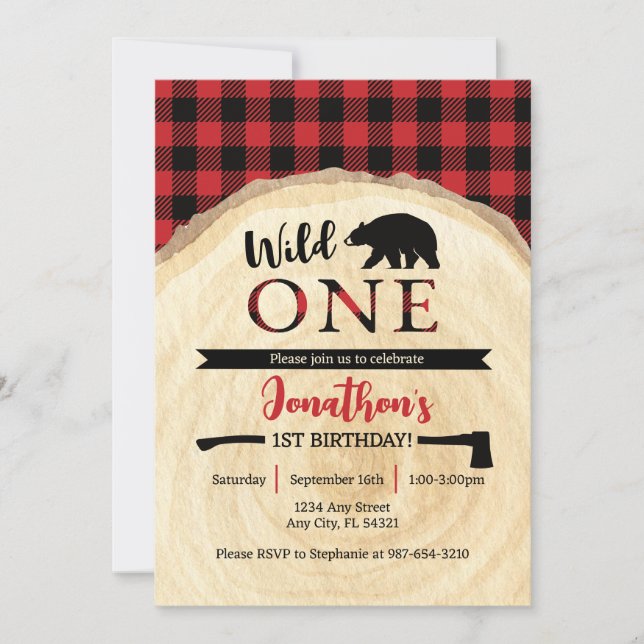 Wild One Lumberjack 1-års födelsedagsinbjudan Inbjudningar (Framsida)