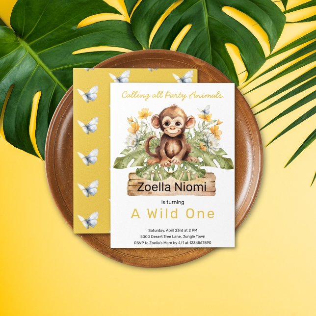 Wild One Monkey 1-års inbjudan (Safari Jungle Watercolor Monkey Yellow White Flowers Greenery Butterfly Pattern Birthday Invitation)