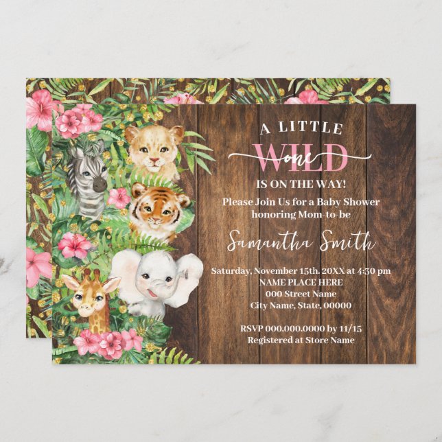 Wild One on the Way Pink Rustic Safari Baby Shower Inbjudningar (Fram/baksida)
