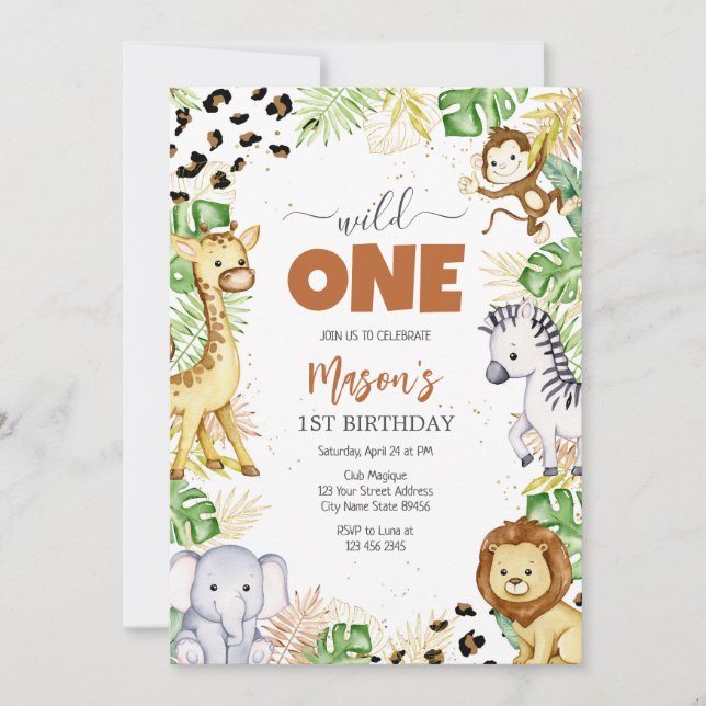 Wild One Party Animals Kids 1st Birthday Inbjudningar (Framsida)