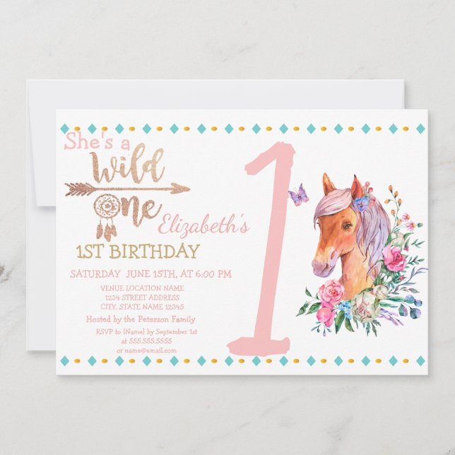Wild One,Pilar,Födselinvitation med blommor Inbjudningar (Framsida)