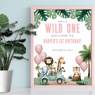 Wild One Pink Safari 1-års födelsedagsfirande Poster