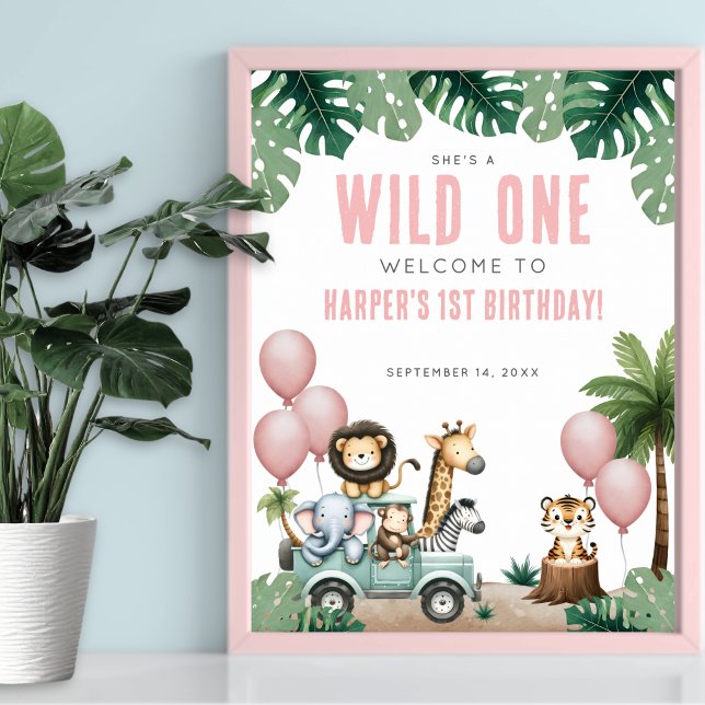 Wild One Pink Safari 1-års födelsedagsfirande Poster (Wild One Pink Safari 1st Birthday Welcome Poster)