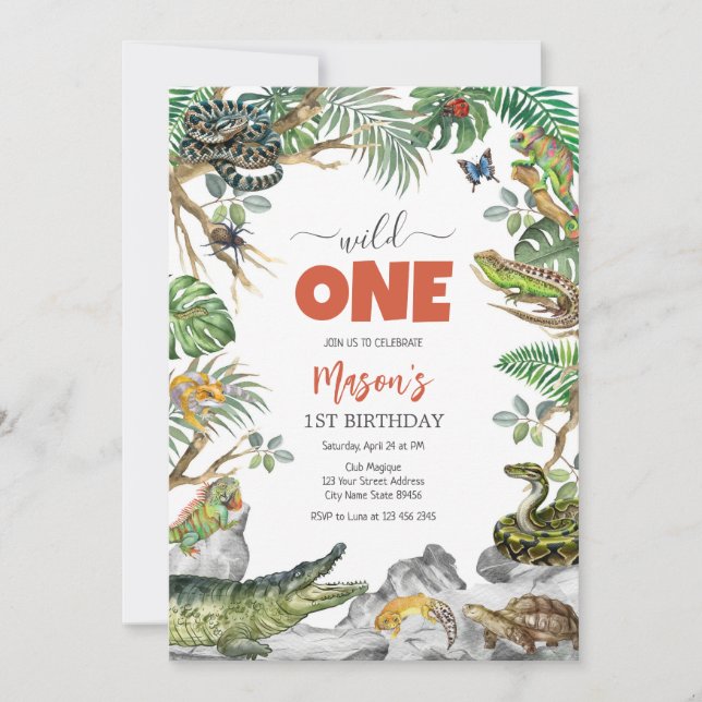 Wild One Reptile Party Animals Kids 1st Birthday Inbjudningar (Framsida)