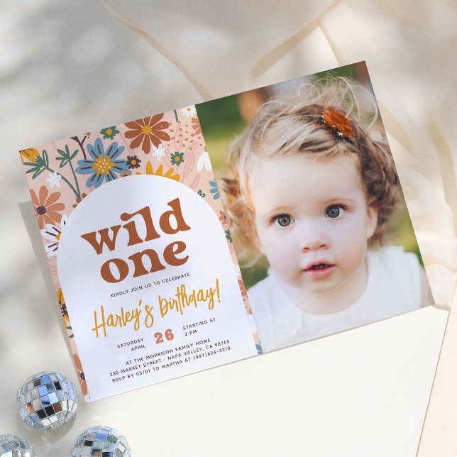 Wild One Retro Boho Vildblomma 1-års Födelsedagsfo Inbjudningar (Skapare uppladdad)