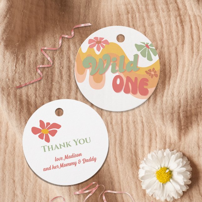 Wild One Retro Rainbow Daisy första födelsedagen Gåvor Etiketter (Skapare uppladdad)