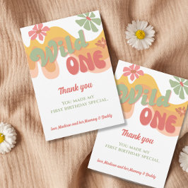 Wild One Retro Rainbow Daisy första födelsedagen Tack Kort