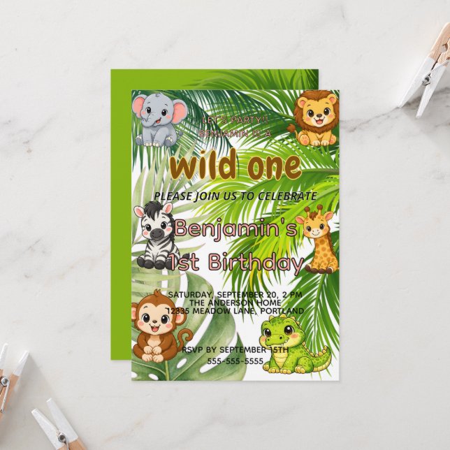 Wild One Safari 1-års inbjudan | Söt Jun (Fram/Back In Situ)