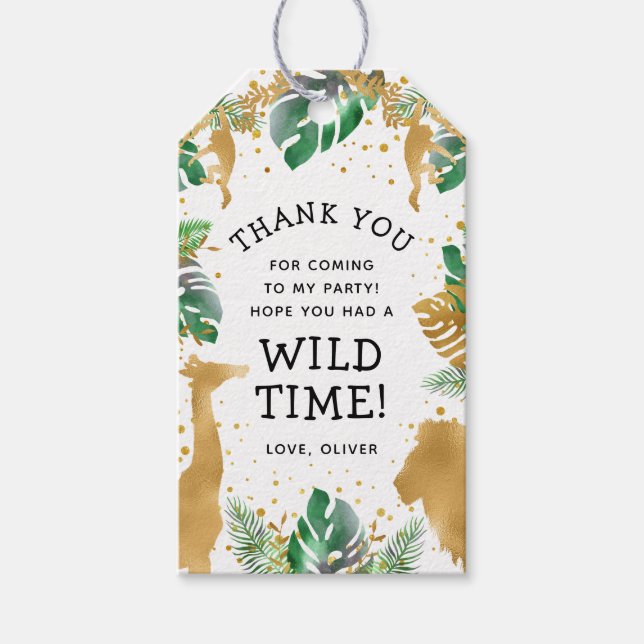 Wild One Safari 1-årsdag Grön Guld Vit Presentetikett (Framsidan)