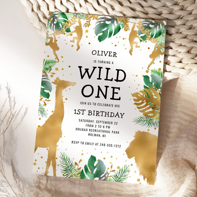 Wild One Safari 1-årsdag Grönt Guld Svart Inbjudningar (Skapare uppladdad)