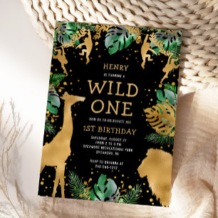 Wild One Safari 1-årsdag Svart Grön Guld Inbjudningar