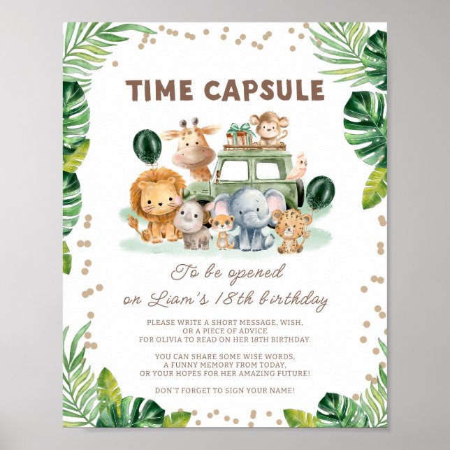 Wild One Safari 1st Birthday Time Capsule Sign Poster (Framsidan)