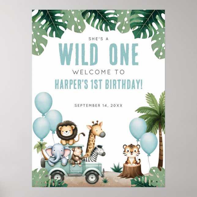 Wild One Safari 1st Birthday Welcome Poster (Framsidan)