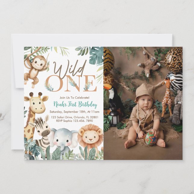 Wild One Safari Animals Boy Birthday Party Photo Inbjudningar (Framsida)