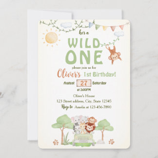 Wild One Safari Animals Boy First Birthday  Inbjudningar