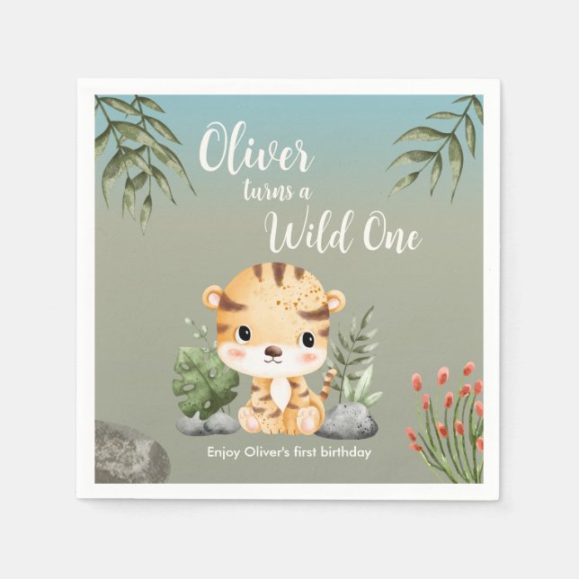 Wild One Safari Animals Cute Tiger 1st Birthday Pappersservett (Framsidan)