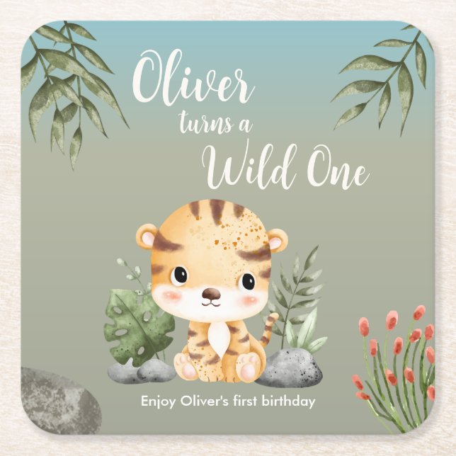 Wild One Safari Animals Cute Tiger 1st Birthday Underlägg Papper Kvadrat (Framsidan)