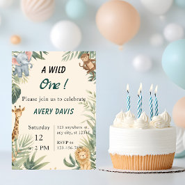 Wild One Safari Animals Kids Birthday Invitation Inbjudningar