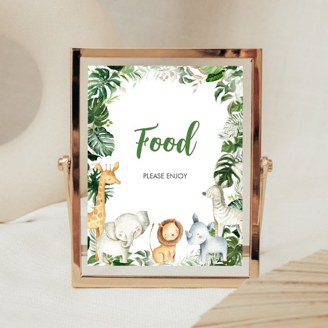 Wild One Safari Baby Shower Matmärke Poster (Greenery Jungle Baby Shower Food Sign)