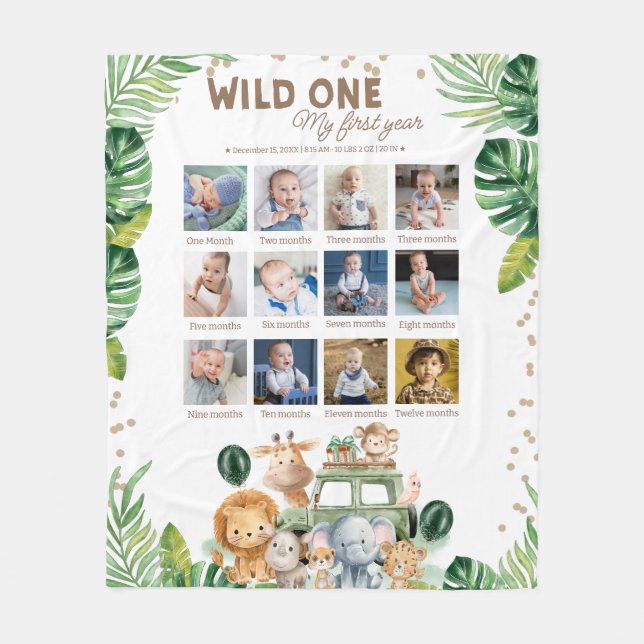 Wild One Safari Birthday 12 Month Photo Collage  Fleecefilt (Framsidan)