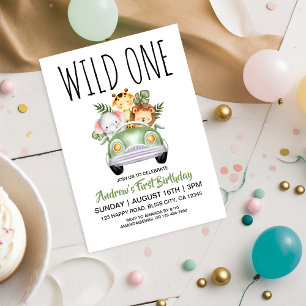 Wild One Safari Car 1-årsdag Inbjudningar