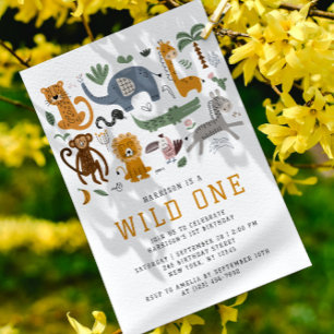 Wild One Safari Djur 1:a Födelsedags QR Inbjudningar