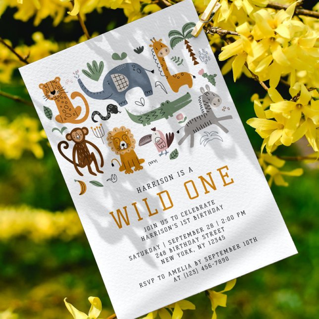 Wild One Safari Djur 1:a Födelsedags QR Inbjudningar (Skapare uppladdad)